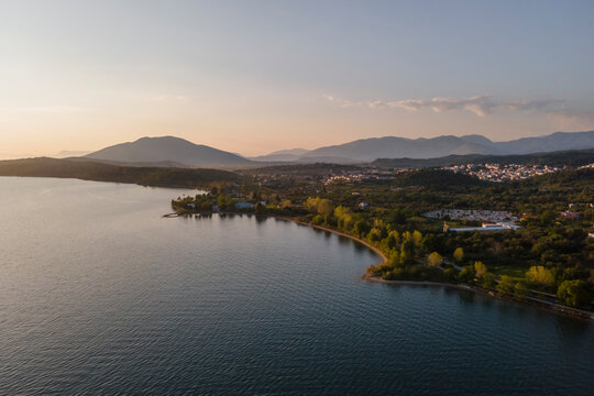 Aerial view of Igoumenitsa bay with mountains in background along the Ionian Sea, Epirus, Greece.