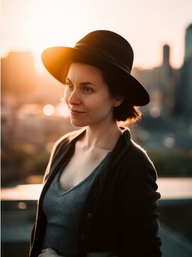 Outdoor portrait of young beautiful hipster woman wearing hat and jacket