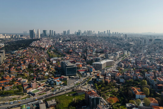 Aerial view of Beyoglu district with tall buildings from a financial district in Istanbul downtown, Turkey.