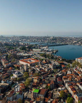Aerial view of the Golden Horn, the major waterway of the Bosphorus with the Galata bridge in Beyoglu district in central Istanbul, Turkey.
