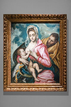 Toledo, Spain - October 29, 2021: The Holy Family picture, Painted by Raimundo de Madrazo in oil on canvas. Copy of the original painted by El Greco that was sold to the Hispanic Society of America