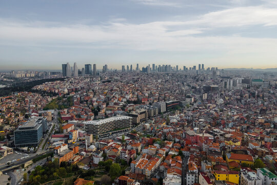 Aerial view of Beyoglu district with tall buildings from a financial district in Istanbul downtown, Turkey.