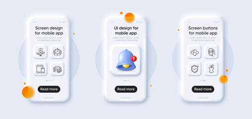 Obraz premium Cloud sync, Buy car and Dating app line icons pack. 3d phone mockups with bell alert. Glass smartphone screen. Organic waste, Shield, Mobile devices web icon. Eco power, Timer pictogram. Vector