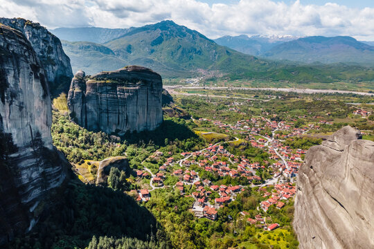 Aerial view of Kastraki town surrounded by natural rock formation in Meteora, Trikala, Thessaly, Greece.