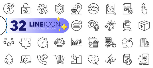 Outline set of Launder money, Share call and Food delivery line icons for web with Laptop insurance, Package, Password encryption thin icon. Search document, Stars, Buildings pictogram icon. Vector