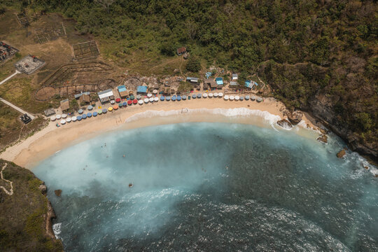 Aerial Drone View of blue coast at Atuh Beach, Nusa Penida, Bali, Indonesia.