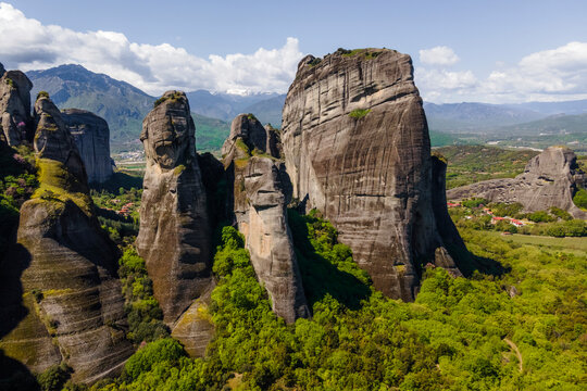 Aerial view of natural rounded pillars in Meteora, a rock formation in Trikala, Thessaly, Greece.