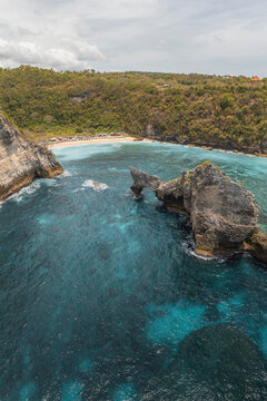 Aerial Drone View of blue coast at Atuh Beach, Nusa Penida, Bali, Indonesia.