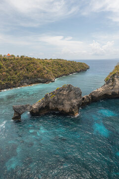 Aerial Drone View of blue coast at Atuh Beach, Nusa Penida, Bali, Indonesia.