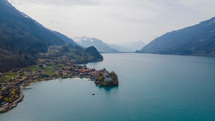 Aerial view of small town Iseltwald on the lake Brienz, Switzerland.