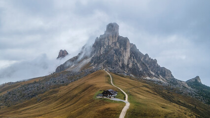 Aerial view of Monte Ragusela, Passo Giau, Dolomites, Italy.