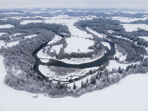 Aerial view of river Lech near Schongau in Bavaria, Germany.