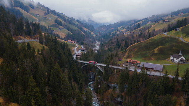 Aerial view of bridge over river Engstlige in Adelboden, Switzerland.