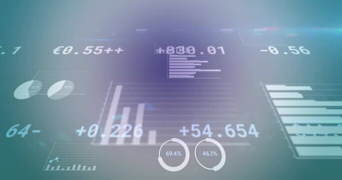 Animation of multiple graphs, loading circles over trading board lens flares on blue background