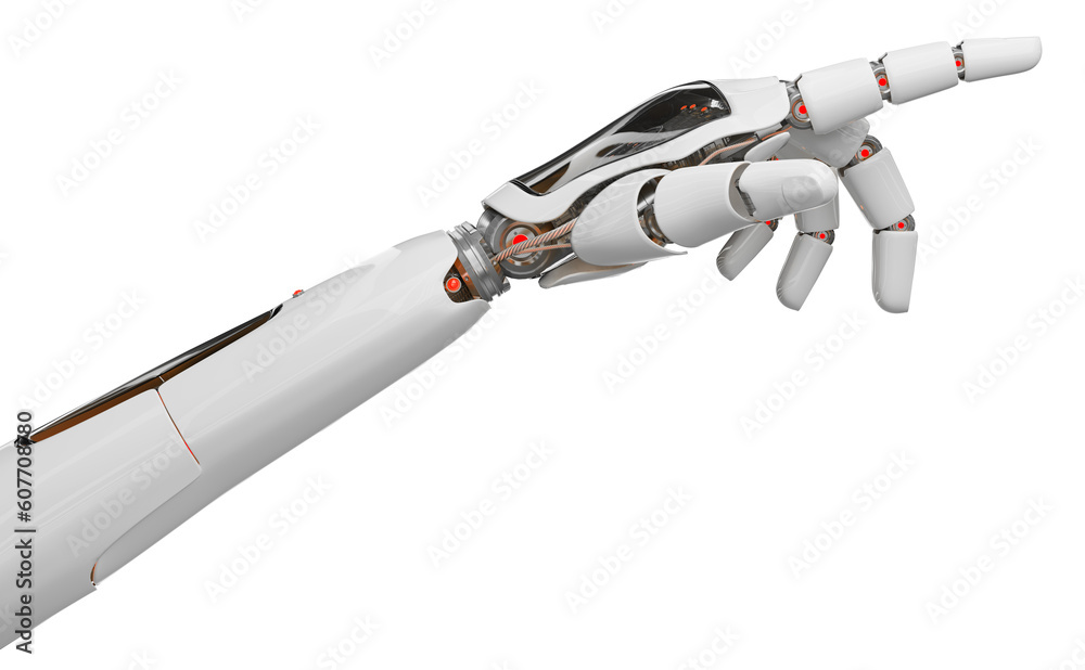 Poster futuristic cyborg hand pointing finger. 3d rendering white and red humanoid cut out with transparent