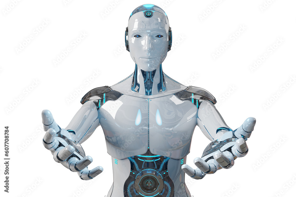 Aufkleber isolated robot opening his two hands. futuristic cyborg. 3d rendering white and blue humanoid cut ou