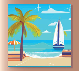 Fototapeta na wymiar Tropical beach. The ocean, boat and pier. Vacation, tourism. Cartoon. Vector. Flat style. 