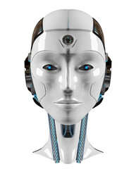 White and blue woman robot head isolated. 3d rendering of cyborg humanoid female face on transparent background