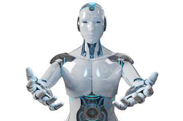 Isolated robot opening his two hands. Futuristic cyborg. 3D rendering white and blue humanoid cut out with transparent background