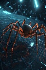 Cybernetic spider crawling on data - obrazy, fototapety, plakaty
