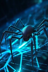 Cybernetic spider crawling on data - obrazy, fototapety, plakaty
