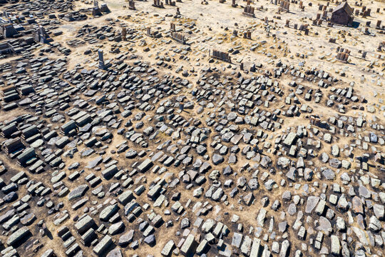 Ancient stones of Noratus Cemetery on sunny summer day. Gegharkunik Province, Armenia.