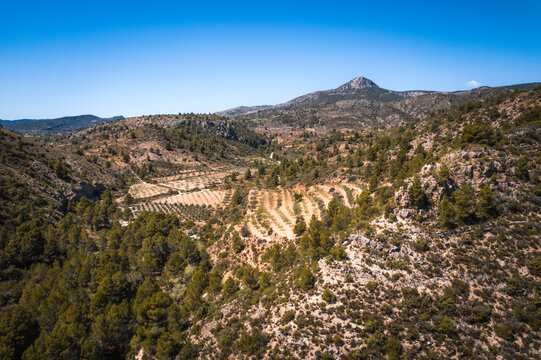Aerial view of agricultural cultivation hidden between mountain hills with a beautiful mountain peak in the background, Calles, Valencia, Spain.
