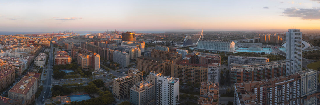 Panoramic Aerial view of the cityscape of Valencia with the architectural complex of The City of Arts and Science, Valencia, Spain.