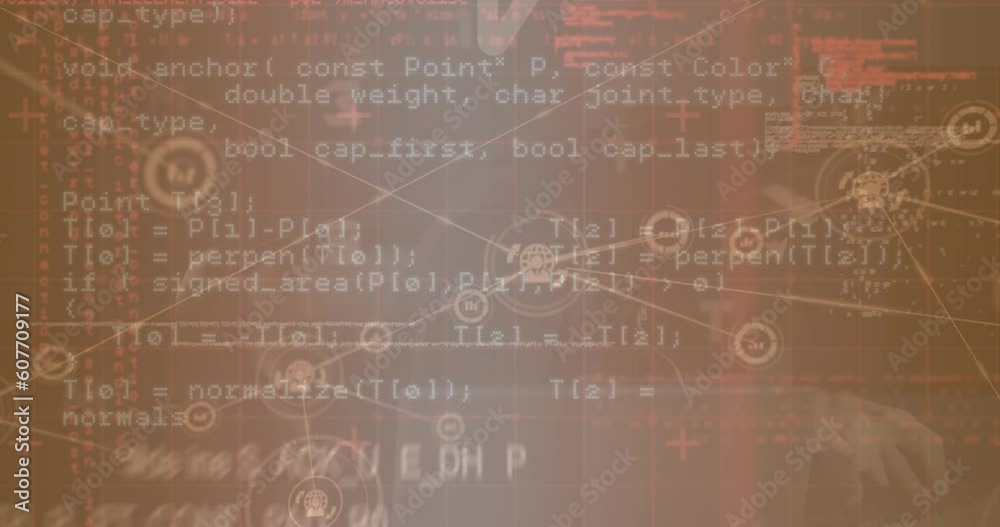 Poster animation of connected icons over computer language and looping letters on abstract background