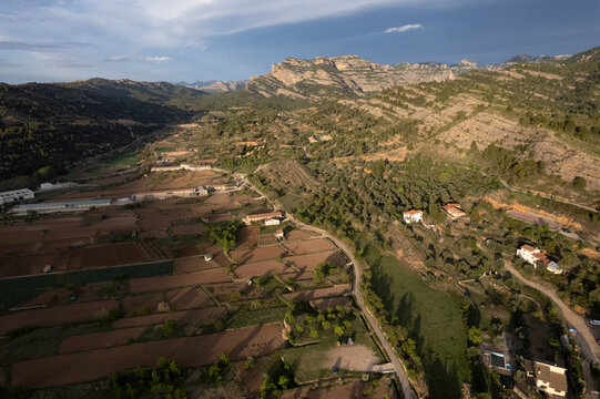 Aerial view of agricultural fields, Beceite, Teruel, Matarranya comarca, Spain.