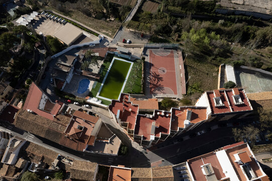 Aerial view of basketball field and buildings, Bunol, Valencia, Spain.