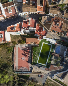 Aerial view of basketball field and buildings, Bunol, Valencia, Spain.