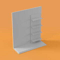White POS POI Cardboard Floor Display Rack For Supermarket Blank Empty Displays With Shelves Products On Orange Background Isolated. 3d Rendering