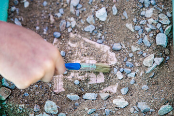 Child's hand with brush working at archaeology site, education concept