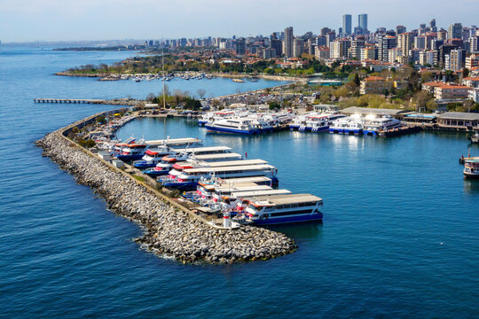 Aerial view of ferry port in Bostanci district on the Marmara Sea coast of the Asian side of Istanbul, Turkey.