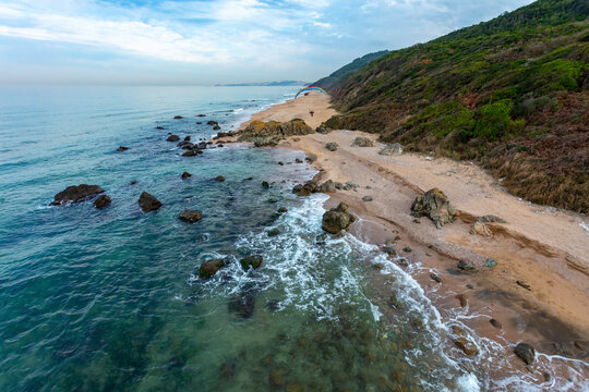 Aerial view of paramotor flying in Sile shoreline on the Black Sea coast at the Asian side of Istanbul, Turkey.