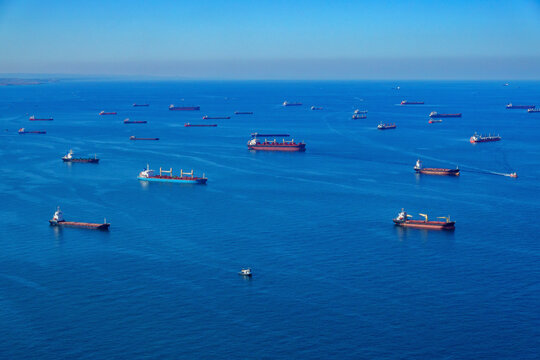 Aerial view of anchored ships waiting their turn to enter the Bosphorus at the Black Sea coast of Istanbul, Turkey.