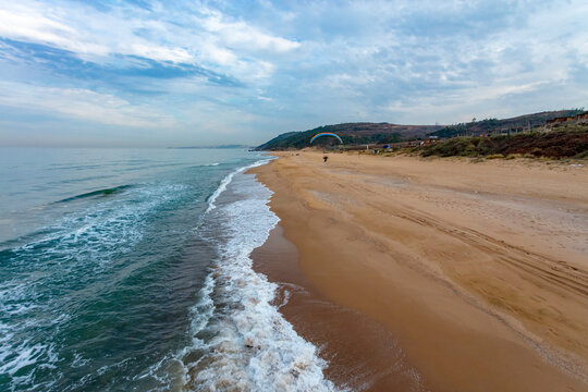 Aerial view of paramotor flying in Sahilkoy shoreline on the Black Sea coast at the Asian side of Istanbul, Turkey.
