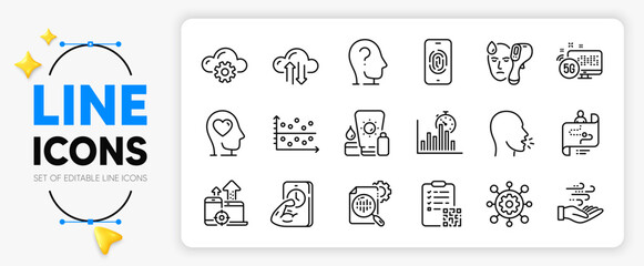 Fingerprint, 5g internet and Cough line icons set for app include Electronic thermometer, Psychology, Qr code outline thin icon. Seo devices, Report timer, Cloud computing pictogram icon. Vector