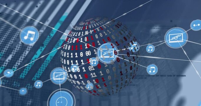 Animation of connected icons over binary codes forming globes against graph on abstract background