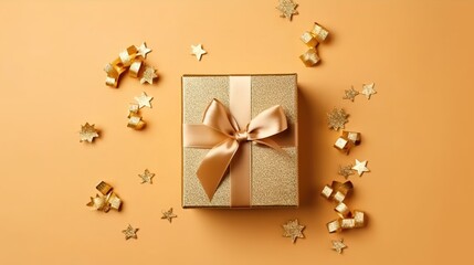 Golden Gift Box with Ribbon, Flat Lay View. Generative AI