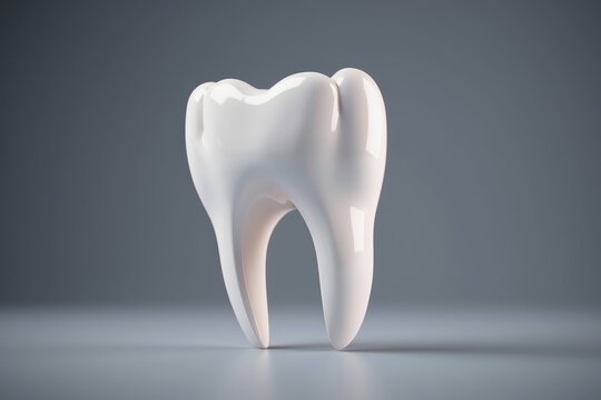 A mock-up of a healthy white molar tooth on an isolated gray background. Oral hygiene, dental care and treatment, tooth extraction, implant placement. Generative AI.