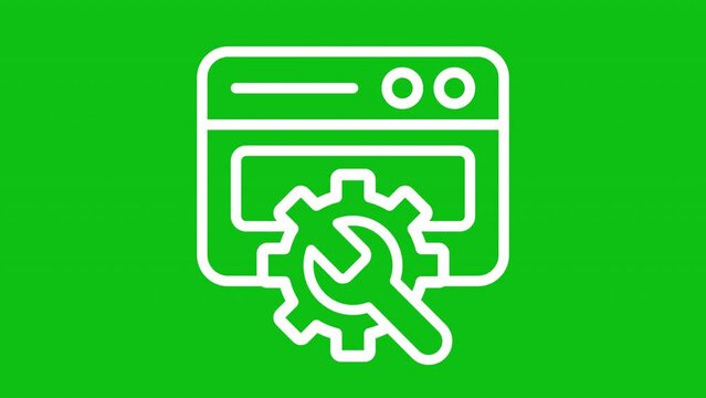 Web settings white icon animation. Animated line browser window with wrench turning cogwheel. Loop HD video with chroma key, alpha channel, transparent background. Outline motion graphic