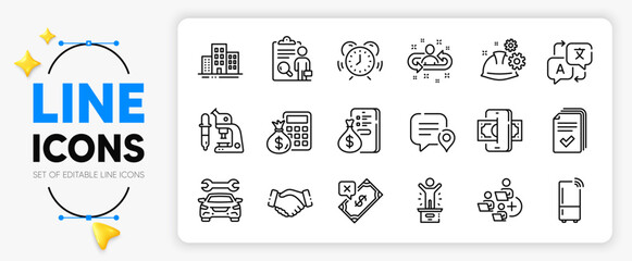 Finance calculator, Phishing and Translate line icons set for app include Buildings, Add team, Chat bubble outline thin icon. Money, Handout, Inspect pictogram icon. Time management. Vector