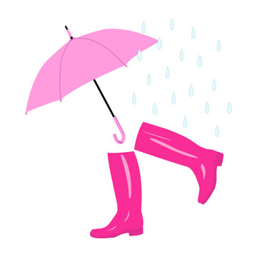 A Pink Open Umbrella, Pink Rubber Boots Nearby, Rain With Blue Drops Dripping From Above. Print Close-up, Isolated, On A Transparent And White Background. Icon And Element For Design.