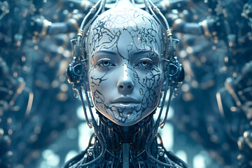 Stylized augmented human head. Artificial intelligence concept illustration. Created with Generative AI technology.