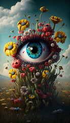 field of flowers with eyes and mouths Generative AI