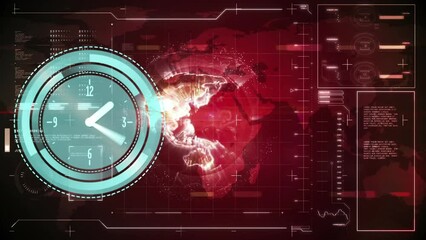Animation of neon ticking clock icon over interface with data processing against red background - Powered by Adobe