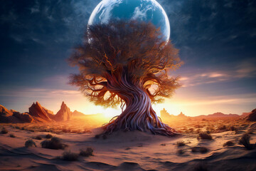 Lone tree growing on a strange alien desert planet. Created with Generative AI technology.