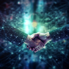 Close up of business people shaking hands against digitally generated image of night city